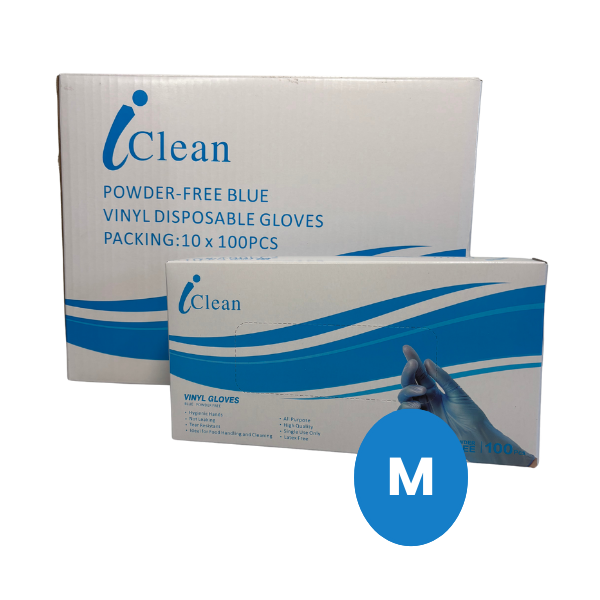 iClean Vinyl Powder Free BLUE Disposable Gloves MEDIUM 1,000pk
